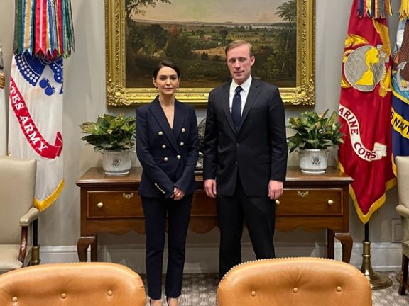 British-Iranian actress and human rights activist Nazanin Boniadi during a meeting with US National Security Advisor Jake Sullivan