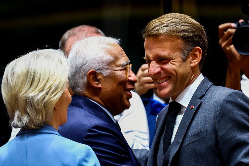 European Commission President Ursula von der Leyen, European Council President Antonio Costa and French President Emmanuel Macron react on the day of the European Union leaders' summit in Brussels, Belgium October 15, 2026. REUTERS/Yves Herman