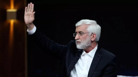 Saeed Jalili gesturing during an appearance on Iran's state broadcaster