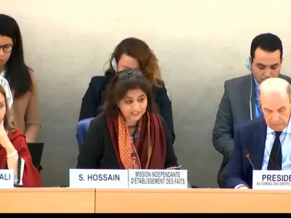 Sara Hossain, the head of UN’s fact-finding mission on Iran delivering remarks the 55th regular session of the Human Rights Council in Geneva on March 18, 2024