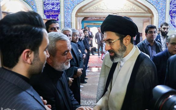 Supreme Leader Ali Khamenei's son, Mojtaba, speaking with Gen Jabbari at his mother's funeral in April 2017