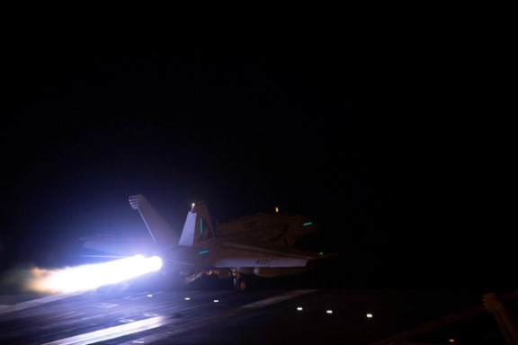 An aircraft taking off to join the US-led coalition to conduct air strikes against military targets in Yemen, aimed at the Iran-backed Houthi militia that has been targeting international shipping in the Red Sea