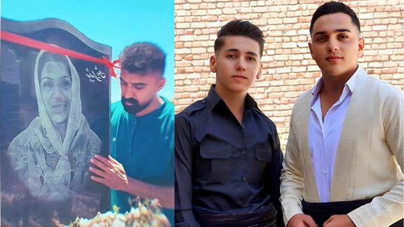 A composite image of Siavash Soltani at his mother's grave and 16-year-old Ramyar Abubakri, next to his brother Zanyar Abubakri who was shot by Iran's security forces in October 2022
