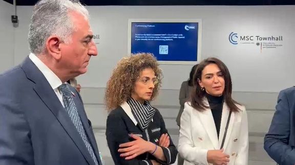 Iranian opposition representatives, Prince Reza Pahlavi, Masih Alinejad and Nazanin Boniadi in Munich, February 18, 2023
