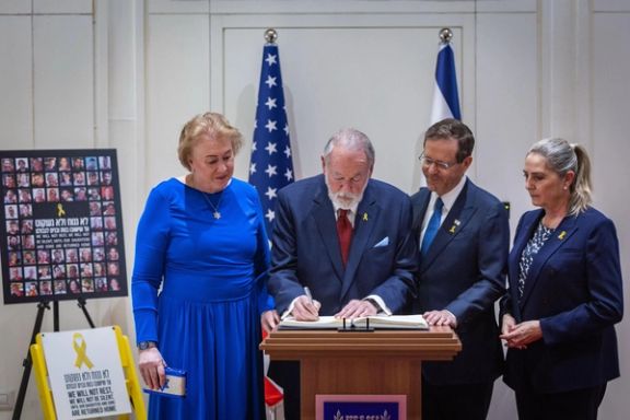 US Ambassador Mike Huckabee (2nd left) presents his credentials to President Isaac Herzog in Jerusalem on April 21, 2025.