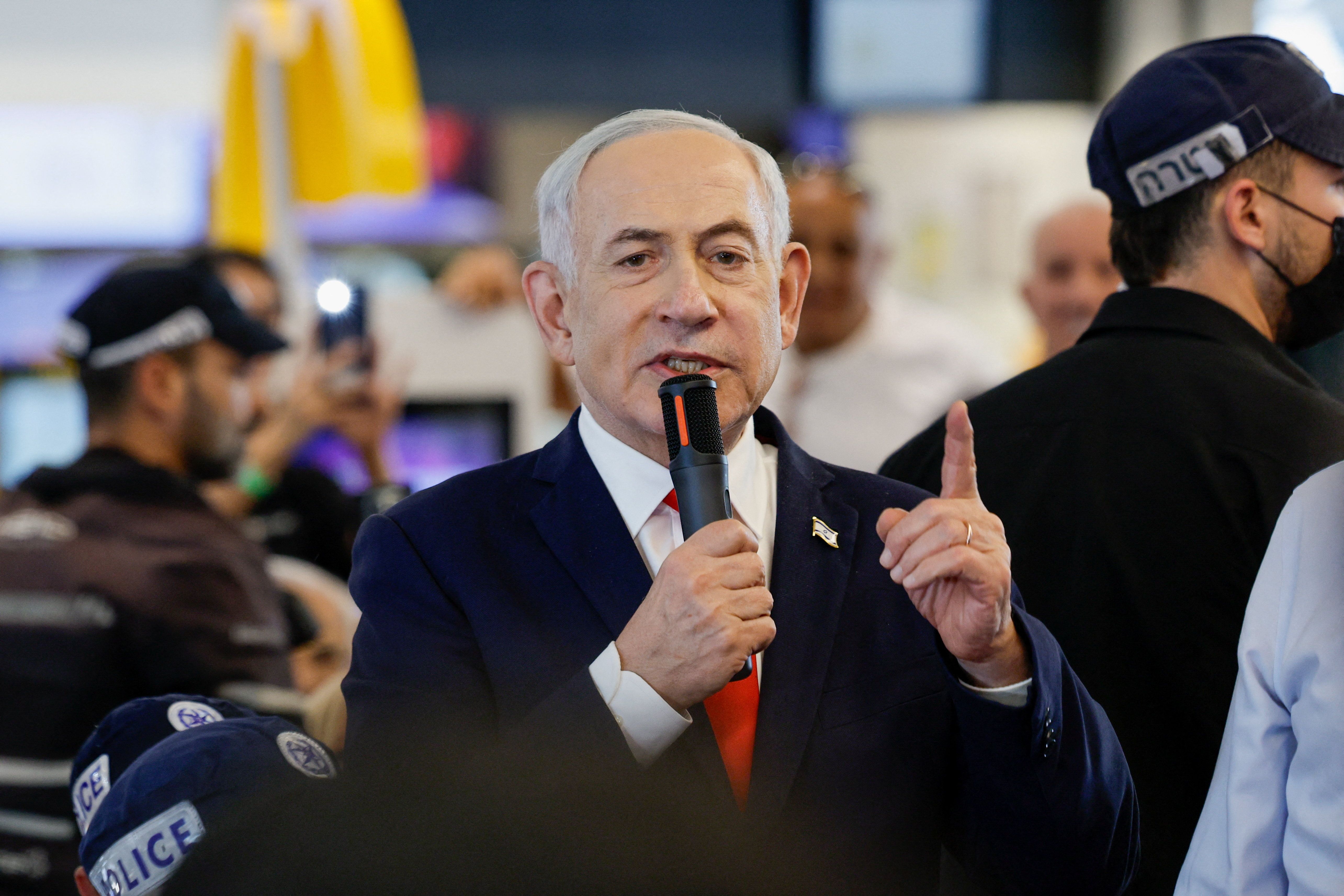 Israeli Prime Minister Benjamin Netanyahu speaks as he meets members of the public at a mall, ahead of Israel’s national election, October 19, 2026.