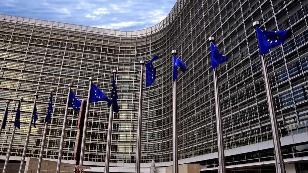 EU Flags in front of European Commission building in Brussels