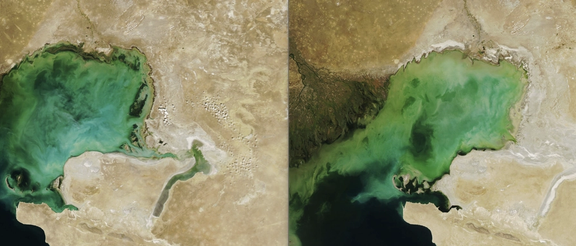 Comparative images from 2006 (L) and 2022 (R) show dramatically dropping water levels at the lake’s shallow northern side, revealing newly exposed dry land. (Source: NASA Earth Observatory)