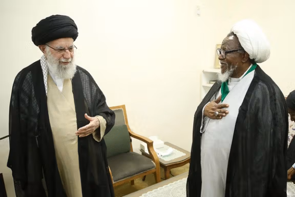 Iran’s ruler Ali Khamenei (left) in a meeting with Nigeria's Shiite leader Sheik Ibrahim Yaqoub El Zakzaky in Tehran on October 14, 2023