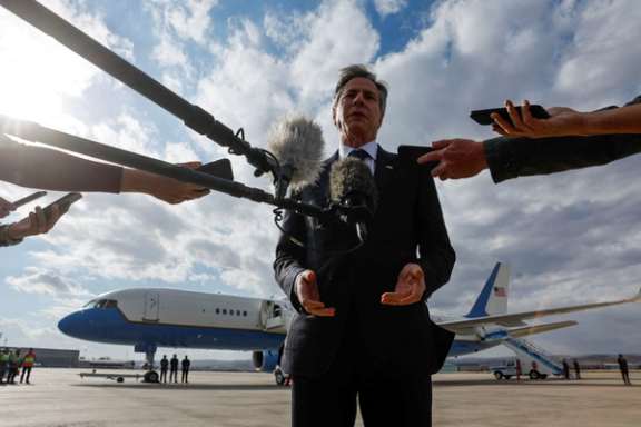 US Secretary of State Antony Blinken speaks to the media about his meetings with Turkish counterparts, amid the ongoing conflict between Israel and the Palestinian Islamist group Hamas, before departing from Ankara Esenboga Airport in Ankara, Turkey November 6, 2023.