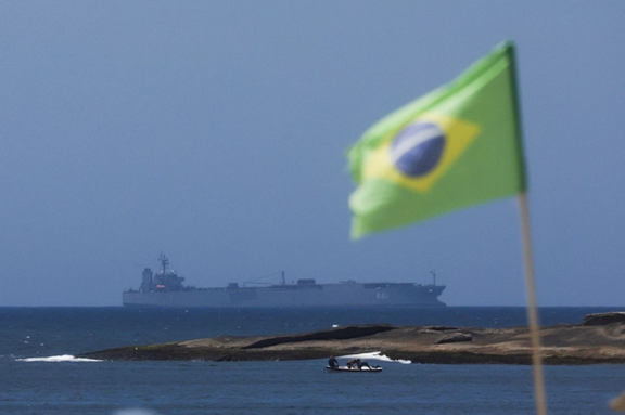 Iranian military ship Iris Makran navigates on the coast of Rio de Janeiro as a Brazilian flag flutters in Copacabana Beach, Brazil, February 27, 2023.