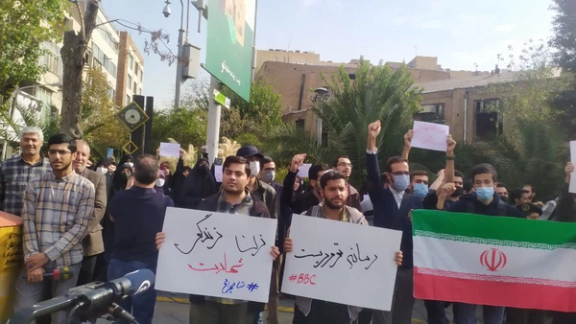 A state-sponsored rally outside UK embassy in Tehran on October 27, 2022