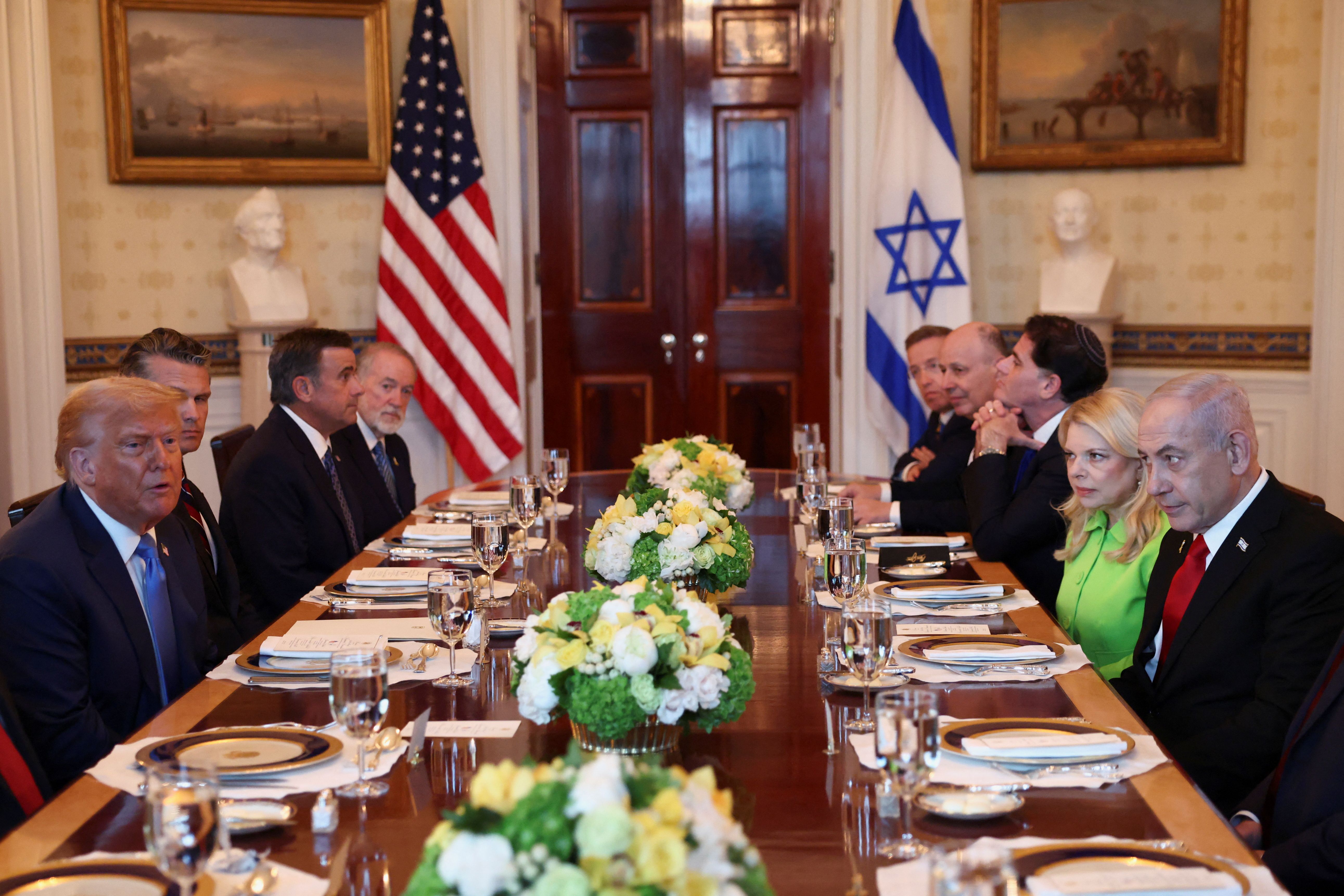 US President Donald Trump holds a bilateral dinner with Israeli Prime Minister Benjamin Netanyahu, at the White House in Washington, July 7, 2025. 