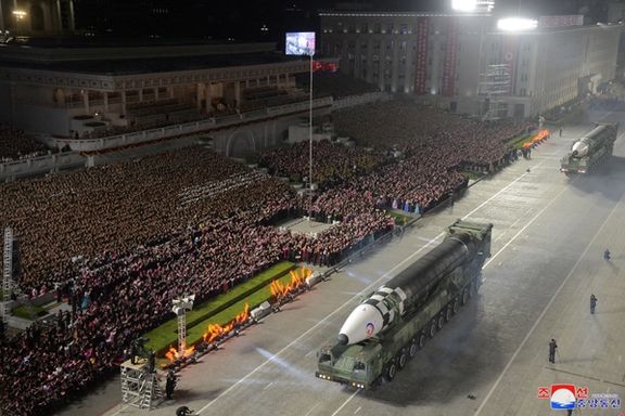 Hwasong-17 intercontinental ballistic missiles take part in a nighttime military parade to mark the 90th anniversary of the founding of the Korean People's Revolutionary Army in Pyongyang, North Korea. (April 2022)