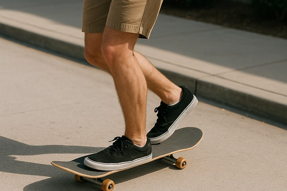 An AI-generated image showing a man skateboarding while wearing shorts