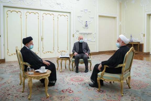 Iran’s President Ebrahim Raisi (left), Parliament Speaker Mohammad-Bagher Ghalibaf (center), and Chief Justice Gholam-Hossein Mohseni-Ejei during a meeting