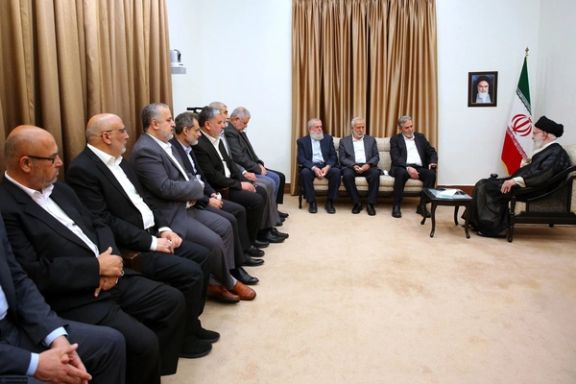 Secretary-General of the Palestinian Islamic Jihad resistance movement Ziad al-Nakhaleh (2nd from right) meets with Iran’s Supreme Leader Ali Khamenei in Tehran on June 14, 2023.