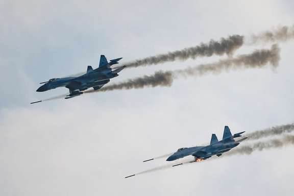 Russian Sukhoi Su-35 jet fighters firing missiles during the International Army Games 2021, at the Dubrovichi range outside Ryazan, Russia August 27, 2021