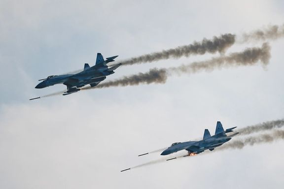 Russian Sukhoi Su-35 jet fighters firing missiles during the International Army Games 2021, at the Dubrovichi range outside Ryazan, Russia August 27, 2021