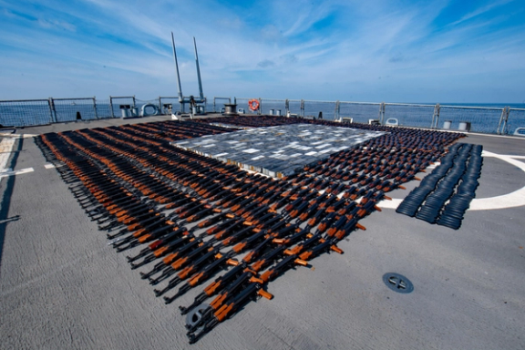 Large quantity of arms seized on a fishing vessel by the US Navy in the Arabian Sea.