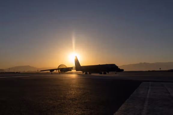 A B-52 aircraft from the US Air Force is parked at Nellis base during the annual Red Flag military exercise between the United States, Britain and Australia, in Nevada, February 8, 2023.