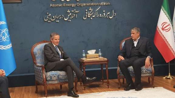 International Atomic Energy Agency (IAEA) Director General Rafael Grossi meets with Head of the Atomic Energy Organization of Iran (AEOI) Mohammad Eslami, in Tehran, Iran, March 3, 2023.