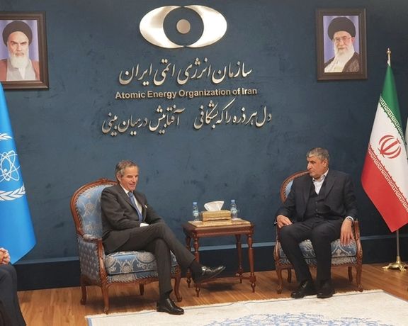 International Atomic Energy Agency (IAEA) Director General Rafael Grossi meets with Head of the Atomic Energy Organization of Iran (AEOI) Mohammad Eslami, in Tehran, Iran, March 3, 2023.