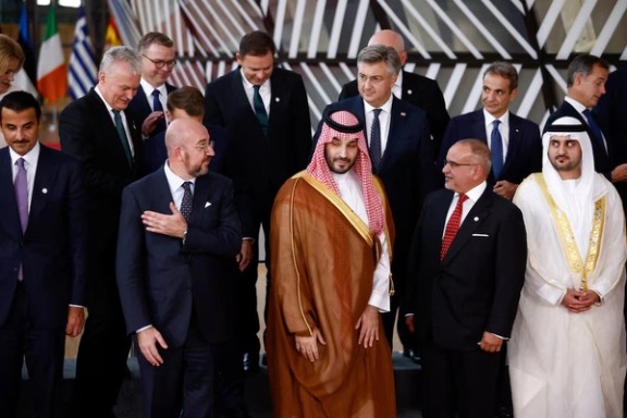 European Council President Charles Michel, Bahrain's Prime Minister and Crown Prince Sheikh Salman bin Hamad al-Khalifa, Deputy Prime Minister of United Arab Emirates Sheikh Maktoum bin Mohammed bin Rashid Al Maktoum and Saudi Arabia Crown Prince and Prime Minister Mohammed bin Salman bin Abdulaziz Al Saud stand during the joint European Union and the Gulf Cooperation Council (GCC) summit, in Brussels, Belgium October 16, 2024