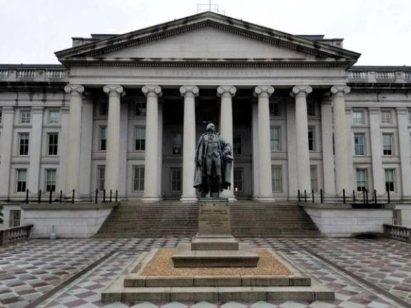 A statue of former Sen. Albert Gallatin stands at the Treasury Department in Washington, US, April 25, 2021.
