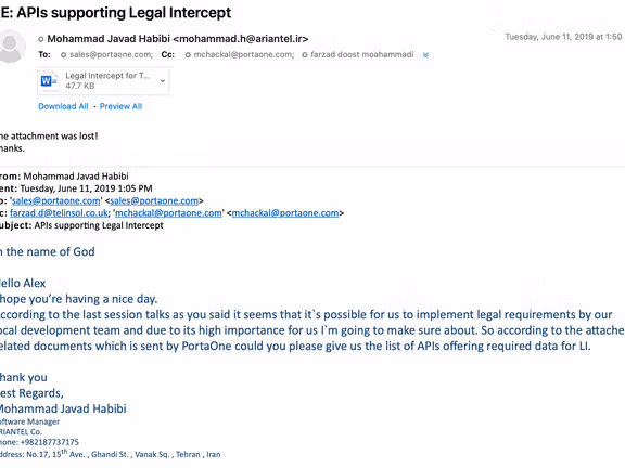 Screenshot of an email from Ariantel to PortaOne providing a project overview document including the required data for CRA Legal Intercept