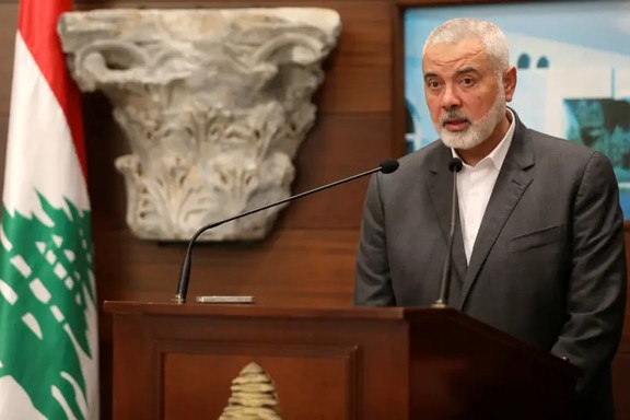 Palestinian group Hamas' top leader Ismail Haniyeh talks after meeting with Lebanon's President Michel Aoun, in Baabda, Lebanon June 28, 2021