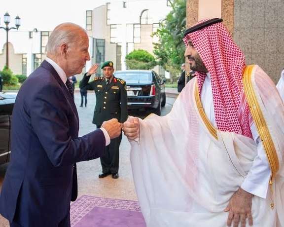 Saudi Crown Prince Mohammed bin Salman fist bumps U.S. President Joe Biden upon his arrival at Al Salman Palace, in Jeddah, Saudi Arabia, July 15, 2022.
