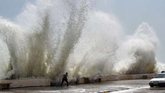High waves generated by cyclone Shaheen hitting Iran's coast on the Sea of Oman. October 2, 2021