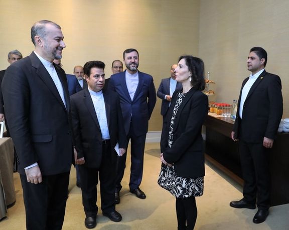 The Islamic Republic’s Foreign Minister Hossein Amir-Abdollahian (left) and Belgian Foreign Minister Hadja Lahbib met on the sidelines of the 52nd session of the UN Human Rights Council at its headquarters in Geneva on February 27, 2023.