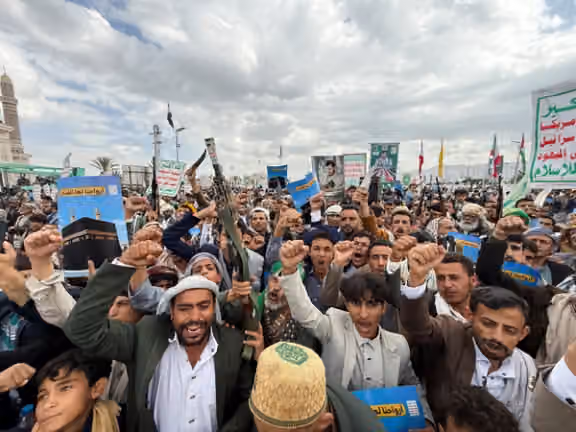 Iran-backed Houthi supporters rally in Sanaa, Yemen, September 18, 2026.