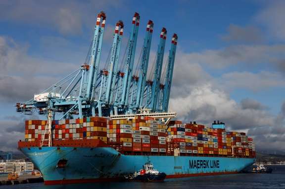 Containers are seen on the Maersk's Triple-E giant container ship Majestic Maersk, one of the world's largest container ships