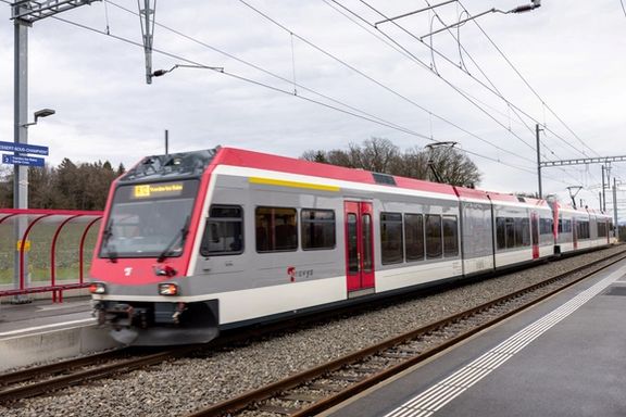 A train passes through the station close to where an Iranian man held 15 hostages on a train for almost four hours, Switzerland, February 9, 2024