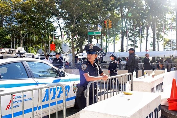 Law Enforcement officers stand guard in front of the United Nations headquarters during the visit of Iran's President Ebrahim Raisi in New York City, September 19, 2023.