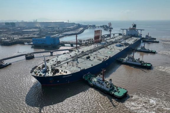 An aerial view shows a crude oil tanker at an oil terminal off Waidiao island in Zhoushan, Zhejiang province, China January 4, 2023.