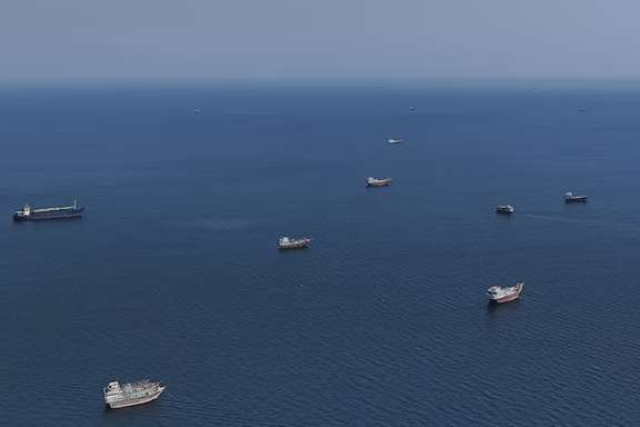 A drone view shows vessels near the Strait of Hormuz, as seen from Musandam, Oman, October 2, 2026. REUTERS/St