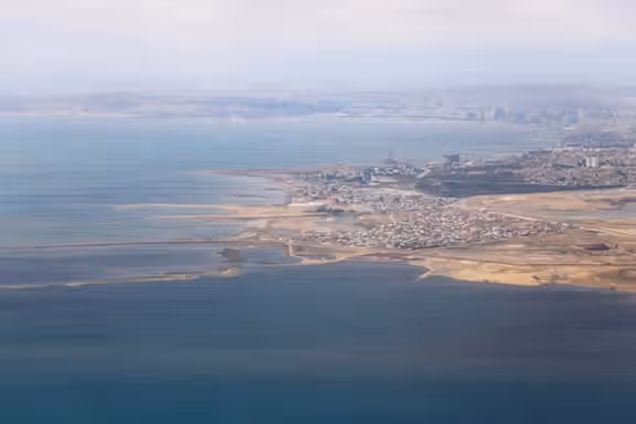 n aerial view of the Caspian Sea near the city of Baku Azerbaijan May 27, 2019.