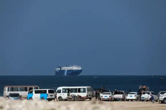 The Galaxy Leader commercial ship, seized by Yemen's Houthis last month, is seen off the coast of al-Salif, Yemen, December 5, 2023.