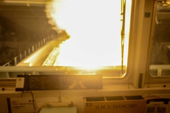 A view of the HMS Diamond, from the ship's bridge, firing her Sea Viper missiles at an incoming Houthi drone, in the Red Sea, January 27, 2024.