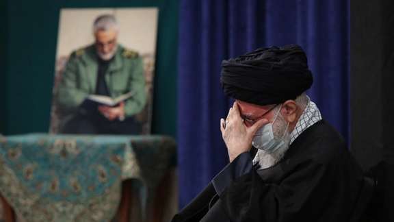 Iran's Supreme Leader Ali Khamenei mourning in a mourning ceremony in January 2021