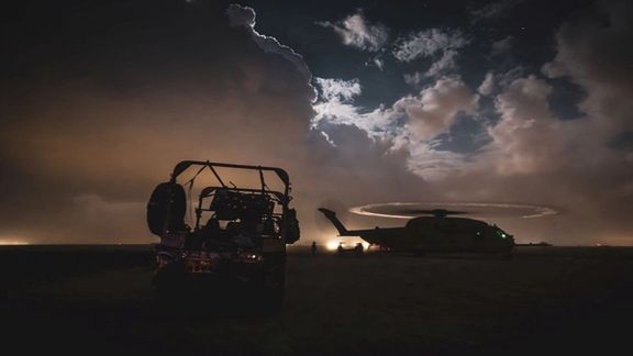 The silhouette of a helicopter, which the Israel Defense Forces say was used to evacuate the injured soldiers, in a location given as Gaza, amid the ongoing conflict between Israel and the Palestinian Islamist group Hamas, in this handout image released on January 31, 2024.