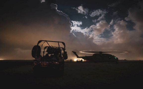 The silhouette of a helicopter, which the Israel Defense Forces say was used to evacuate the injured soldiers, in a location given as Gaza, amid the ongoing conflict between Israel and the Palestinian Islamist group Hamas, in this handout image released on January 31, 2024.