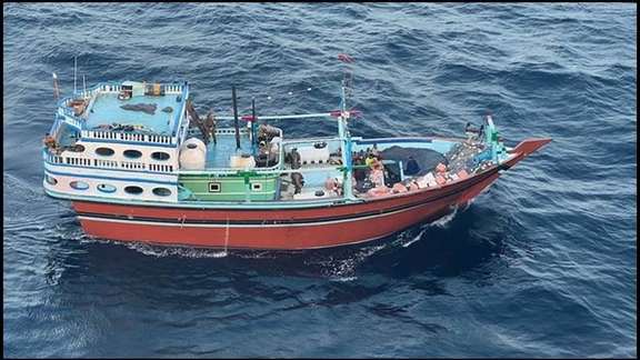 USS LEWIS B. PULLER (ESB 3) intercepted this dhow and conducted a nighttime boarding on January 11, 2024.