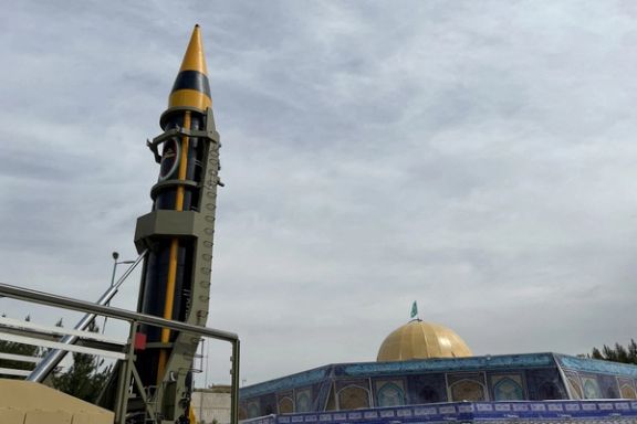 A new surface-to-surface ballistic missile called Khaibar with a range of 2,000 km, unveiled by Iran, is seen in Tehran, May 25, 2023.