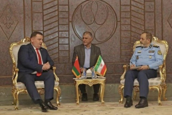 Dmitry Pantus, head of the Belarus State Authority for Military-Industrial Cooperation meets with Iranian Minister of Defense Brigadier General Aziz Nasirzadeh in Tehran on Oct. 23, 2025.