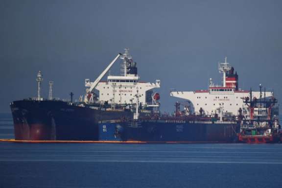 The Liberian-flagged oil tanker Ice Energy transfers crude oil from the Iranian-flagged oil tanker Lana (former Pegas), off the shore of Karystos, on the Island of Evia, Greece, May 26, 2022.
